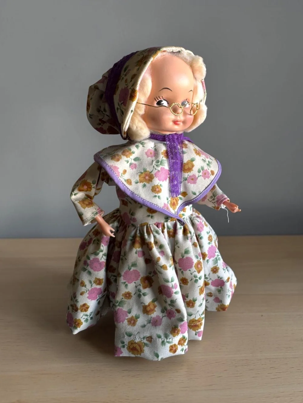Vintage 1950s Grandma Doll with Floral Dress and Wire Glasses, Mid-Century